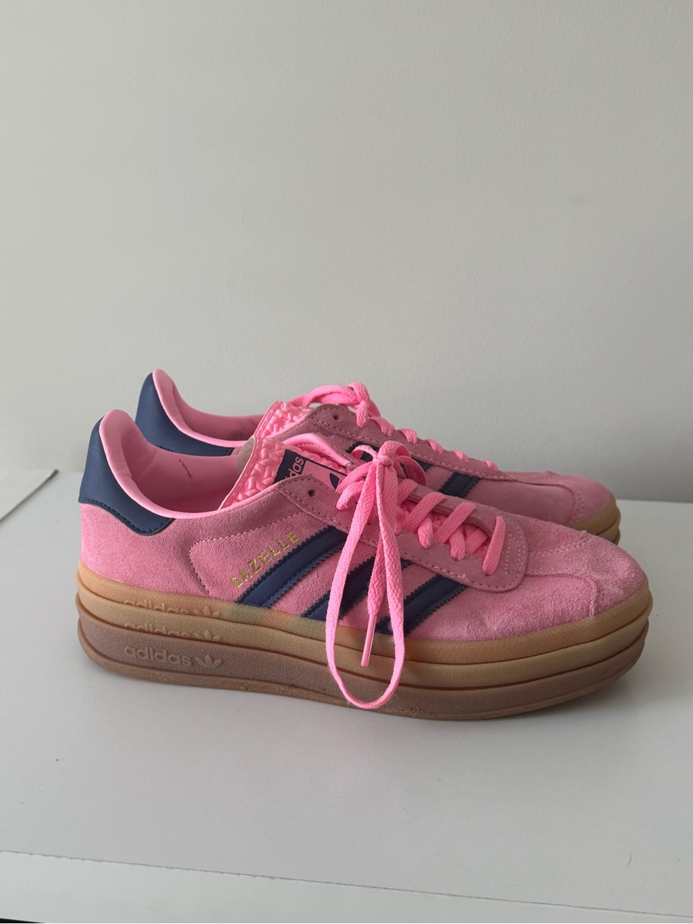 adidas Pink Suede Platform Sneakers with Navy Stripes